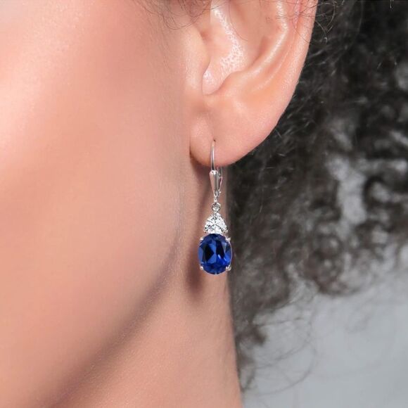 925 Sterling Silver with 6.60 Cttw Blue Sapphire and Moissanite Drop Earrings - Picture 3 of 4